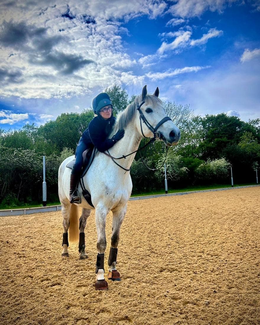 A rider schooling in the Olympic-sized floodlit arena.
