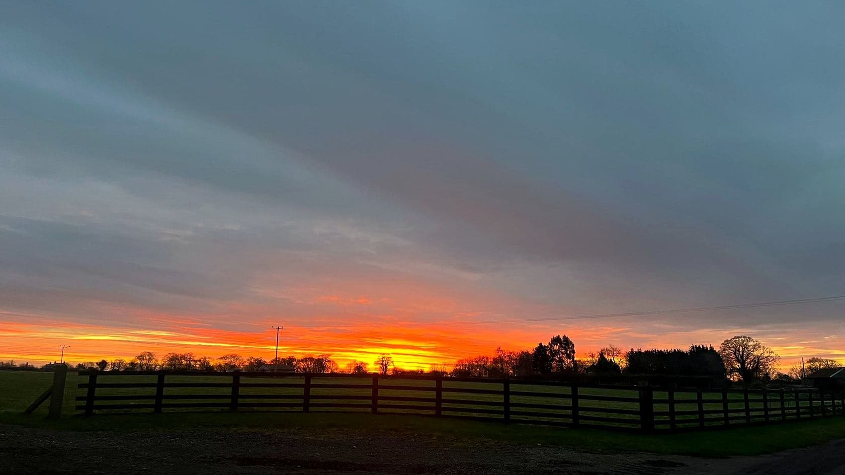 The Tanglewood Equestrian paddocks at golden hour, with the Northumberland countryside beyond.
